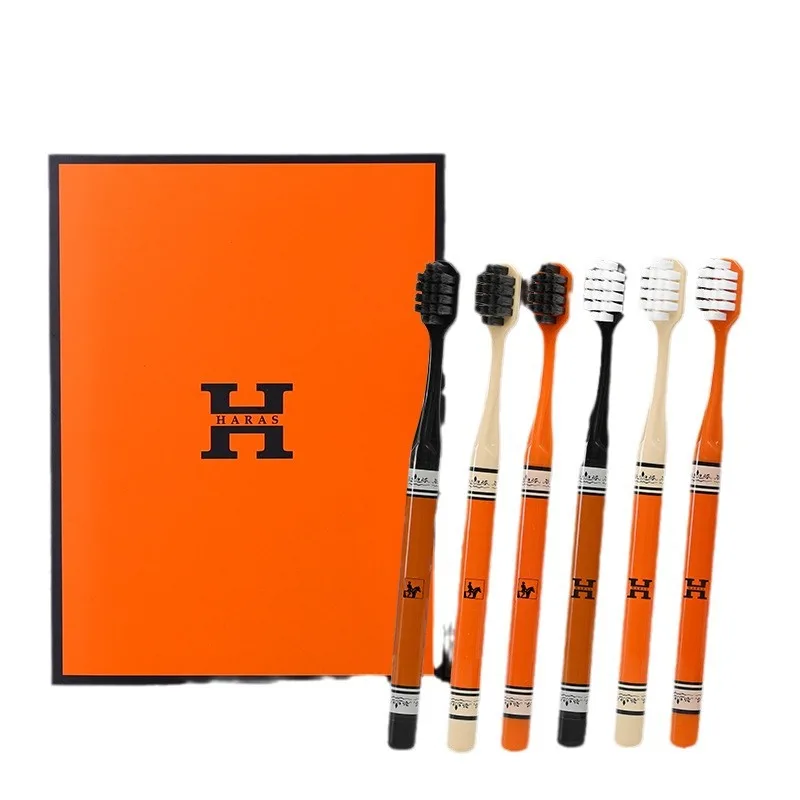 Hermes Orange 6-piece gift box, light luxury, high-end, medium soft bristled toothbrush, adult home printed handle H