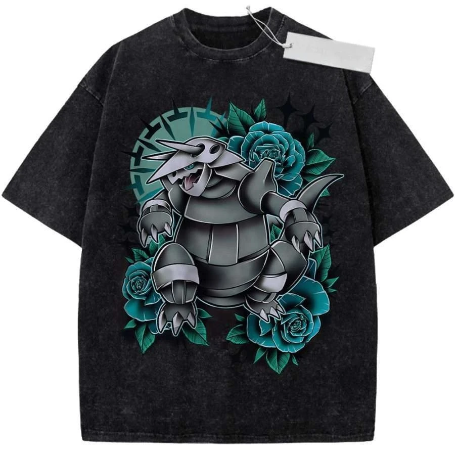 

2026 Summer Men's Black Washed T - Shirt Pokemon Rhyhorn Rose Tattoo Style High - Quality Fabric for Casual Shopping
