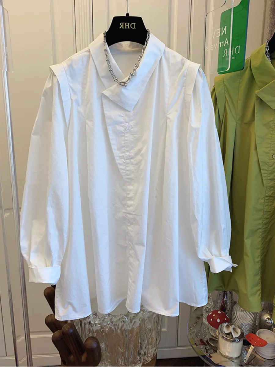 

Ele Asymmetric Long Sve Cotton irt Women's Loose Fit Mid-Length Button-Up Top Korean Sle Commute Faion