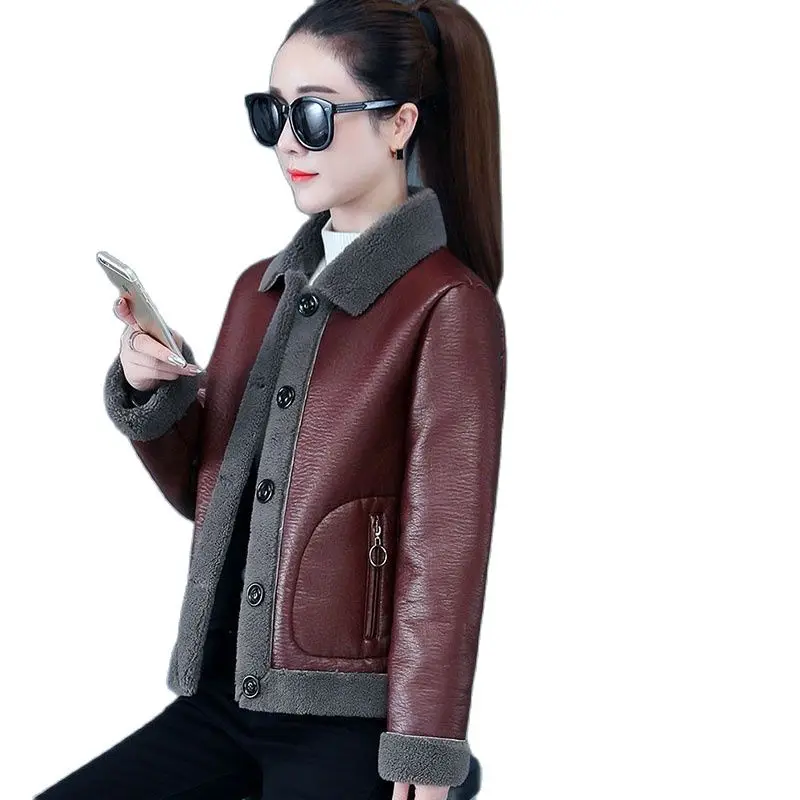 Imitation Lamb Fleece Leather Jacket Female Autumn Winter Fashion Wild Add Velvet Keep Warm Soft Leather Outcoat Lady Short Coat