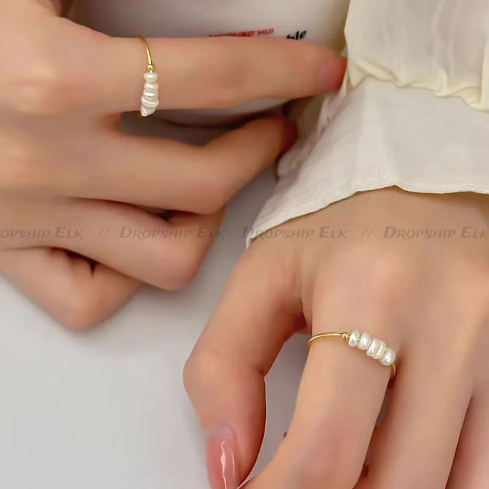 خاتم أنيق وبسيط صغير من لؤلؤ المياه العذبة الأبيض للنساء من الفولاذ المقاوم للصدأ مجوهرات وإكسسوارات مقاومة للماء