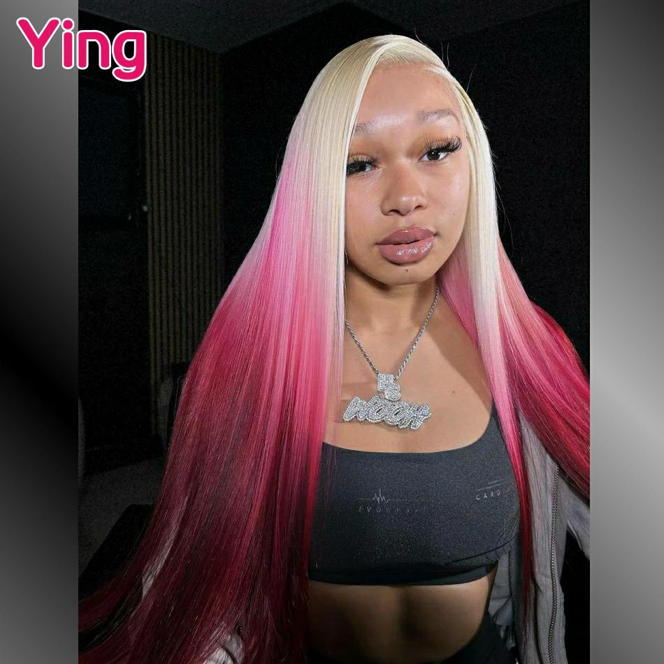 Ying 200% Omber Pink Colored Bone Straight 13x6 Transparent Lace Front Wig 13x4 Lace Frontal Human Hair Wig 5x5 Lace Closure Wig