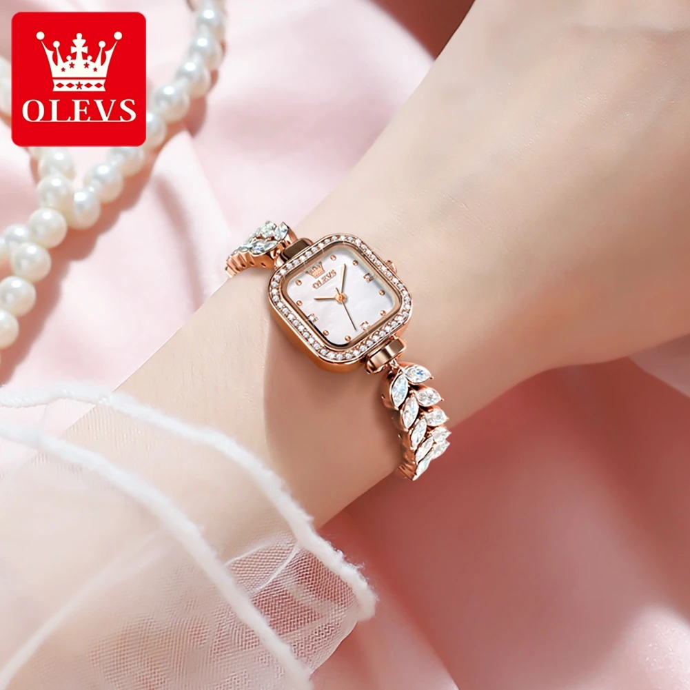 OLEVS 9987 Quartz Women's Watch Fashionable Elegant Diamond Square dial High quality Mermaid stainless steel strap Women's Watch