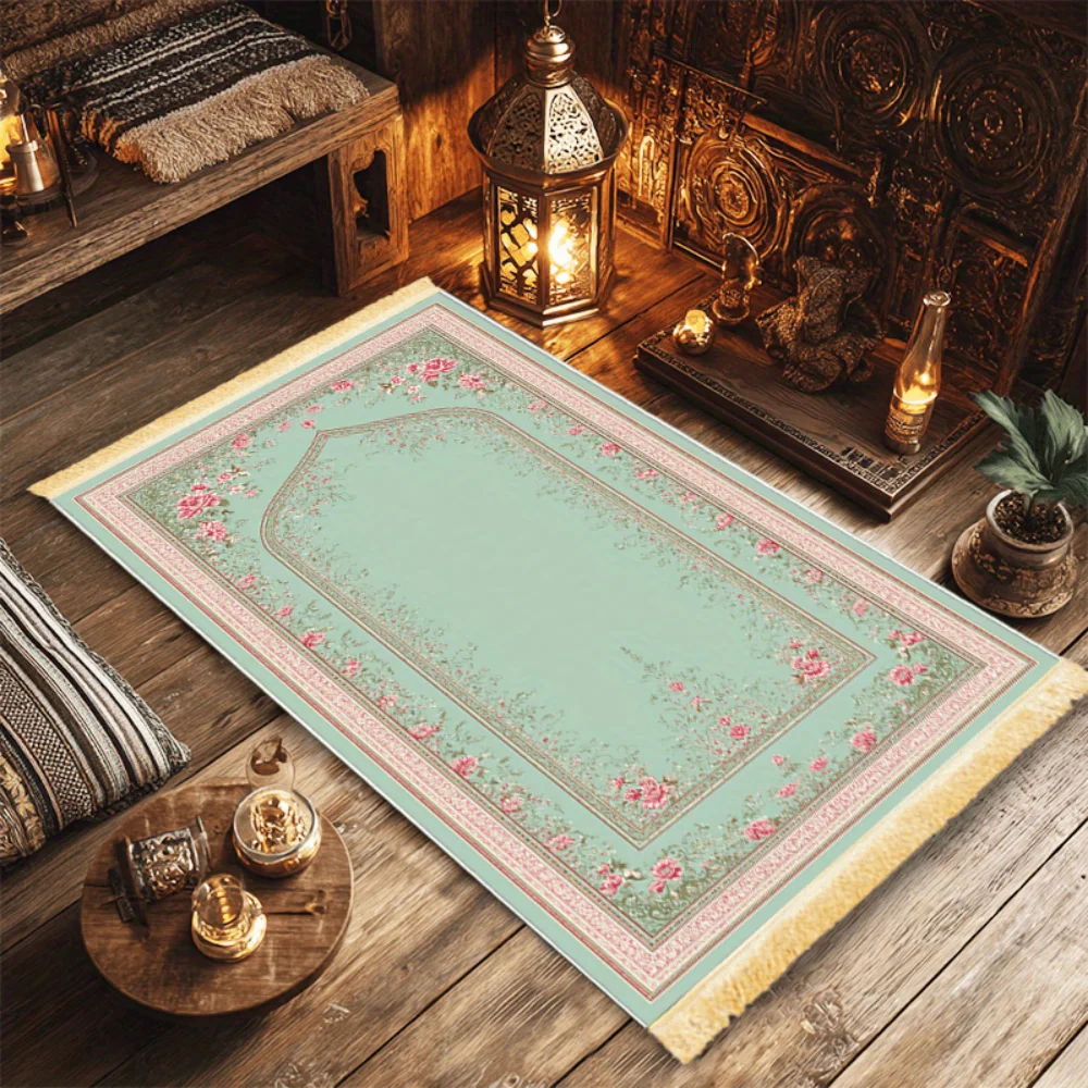 Mint Green Pink Floral Islamic Prayer Rug Golden Fringe Muslim Prayer Mat Non Slip Foldable Worship Carpet Ramadan Eid Mubarak G