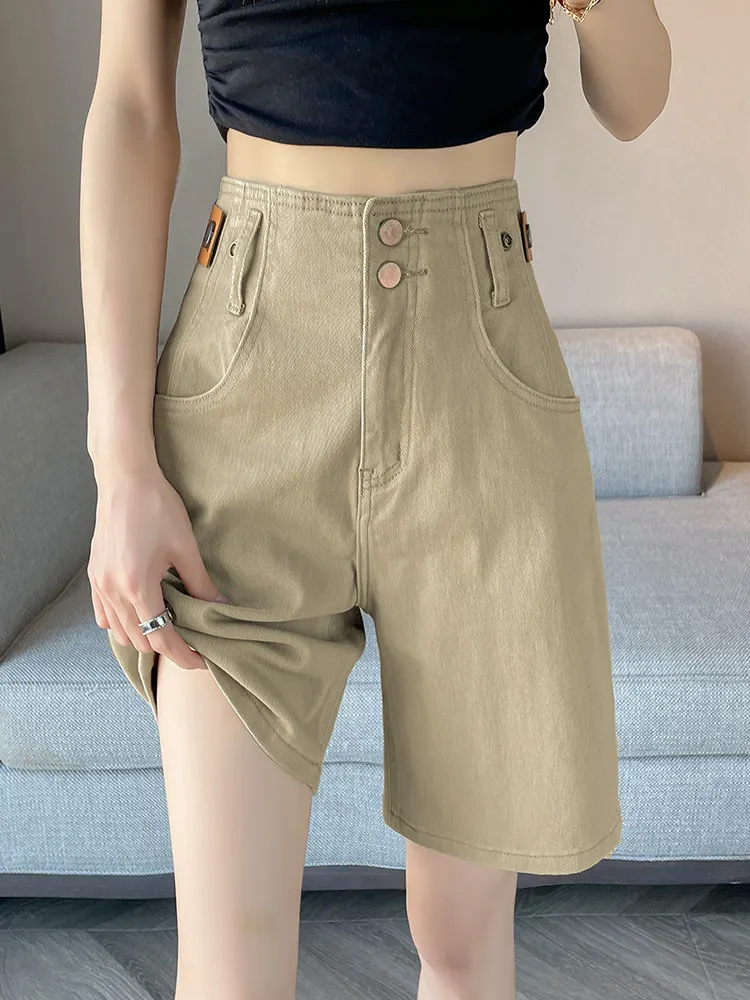 Short en jean droit pour femmes, ample, fin, double bouton, taille haute, mode, polyvalent, jambes larges, pantalon cinq quarts, été