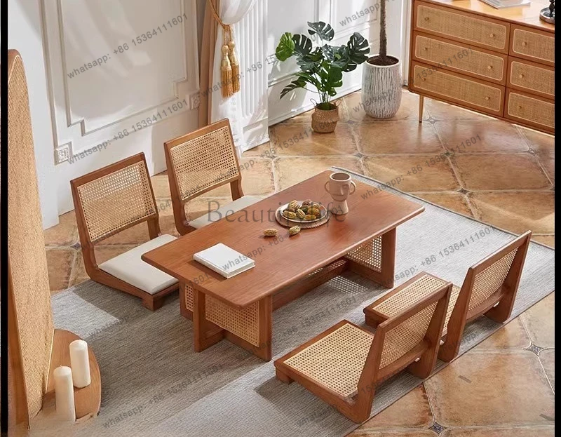 

Japanese solid wood rattan tatami table and chair combination new Chinese zen low tea table and chair