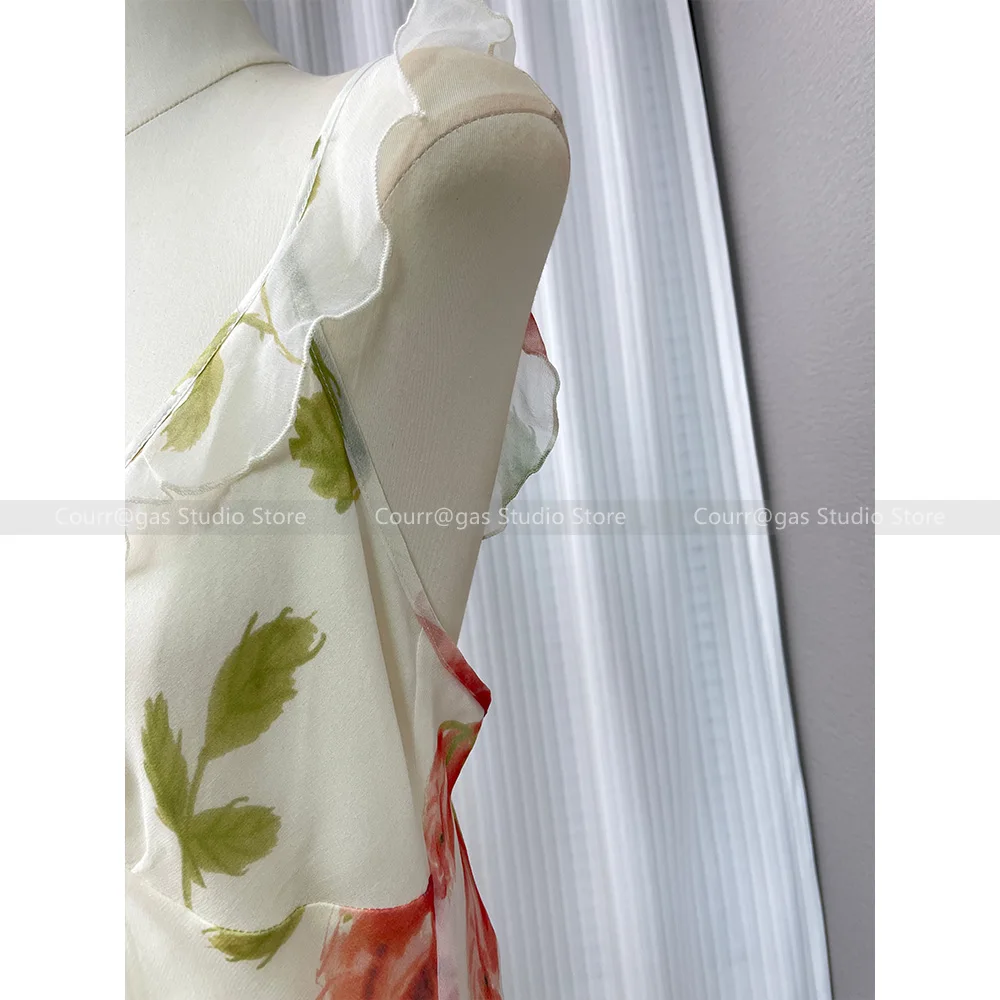 French sweet romantic ruffles V-neck printed silk sleeveless slim resort style dress female