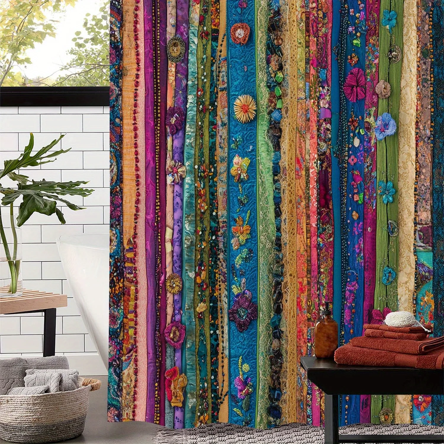 Vibrant Boho Floral Patterned Shower Curtain Waterproof Polyester Bathroom Curtain Bohemian Tropical Home Decor Accent Textile