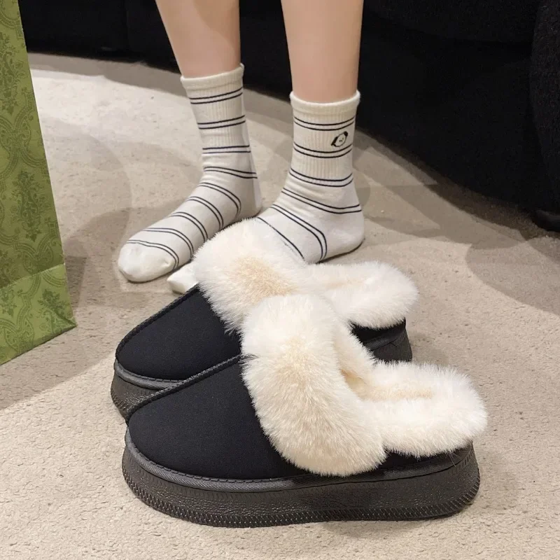 2024 New Leather Women Fashion Winter Indoor Solid Color Suede Fur Slippers Ladies Home Platform Warm Slip-on Women's Shoes image 2