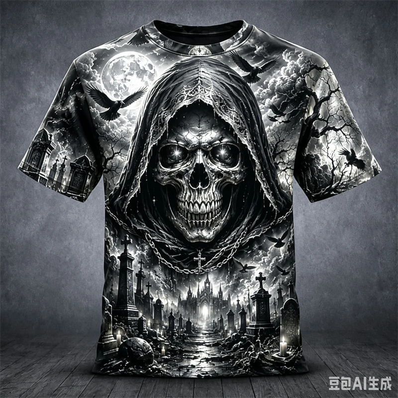 2026 New Mens Horror Reaper Skull 3D Printed Halloween Theme Pattern Short Sleeve Casual Trendy Street Fashion Holiday Men Tops