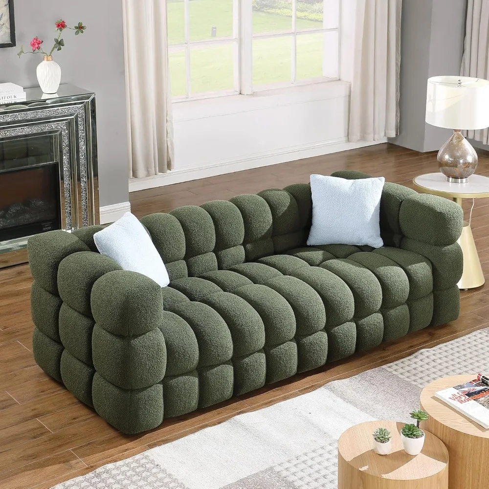 Modern Sofa Couch with Plastic Legs Upholstered Tufted 3 Seater Couch with 2 Pillows Decor Furniture for Bedroom, Office, 84Iin