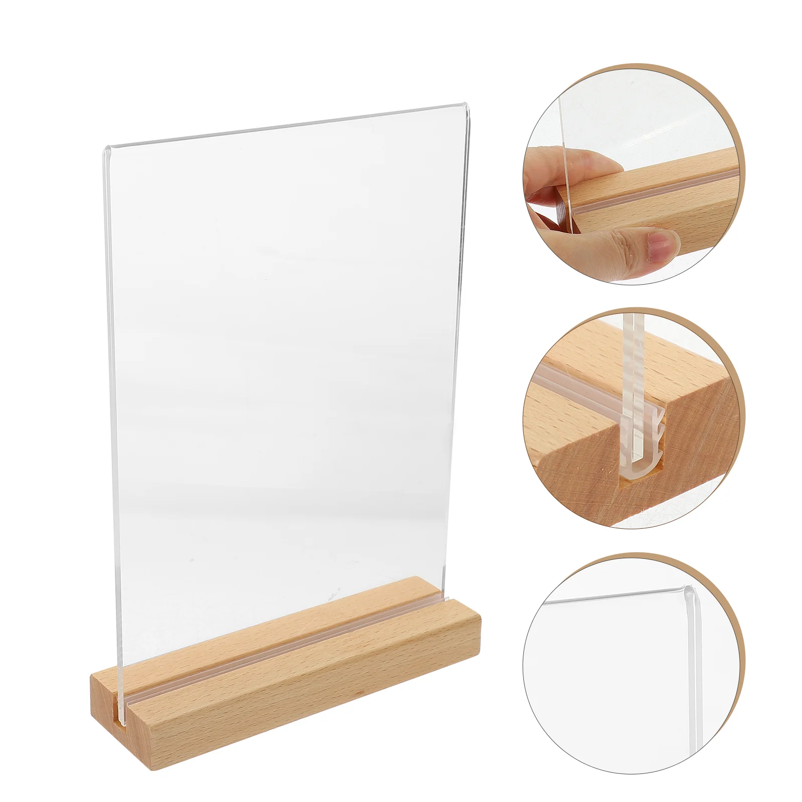 Poster Stands for Display Sign Holder Menu Desktop Signage Table Acrylic Rack with Base Wood Storage