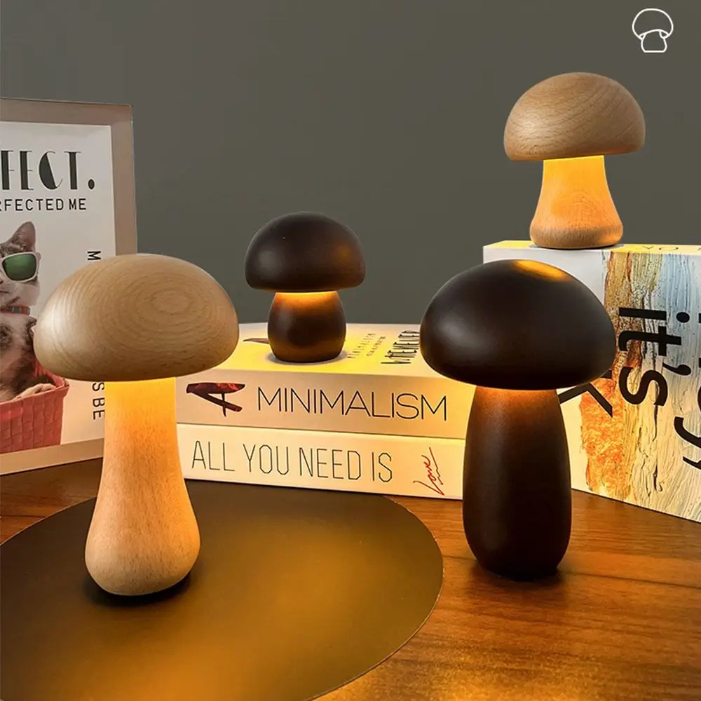 Wooden Mushroom Night Light com Touch Switch, Lâmpadas para dormir para o quarto, Sala de madeira