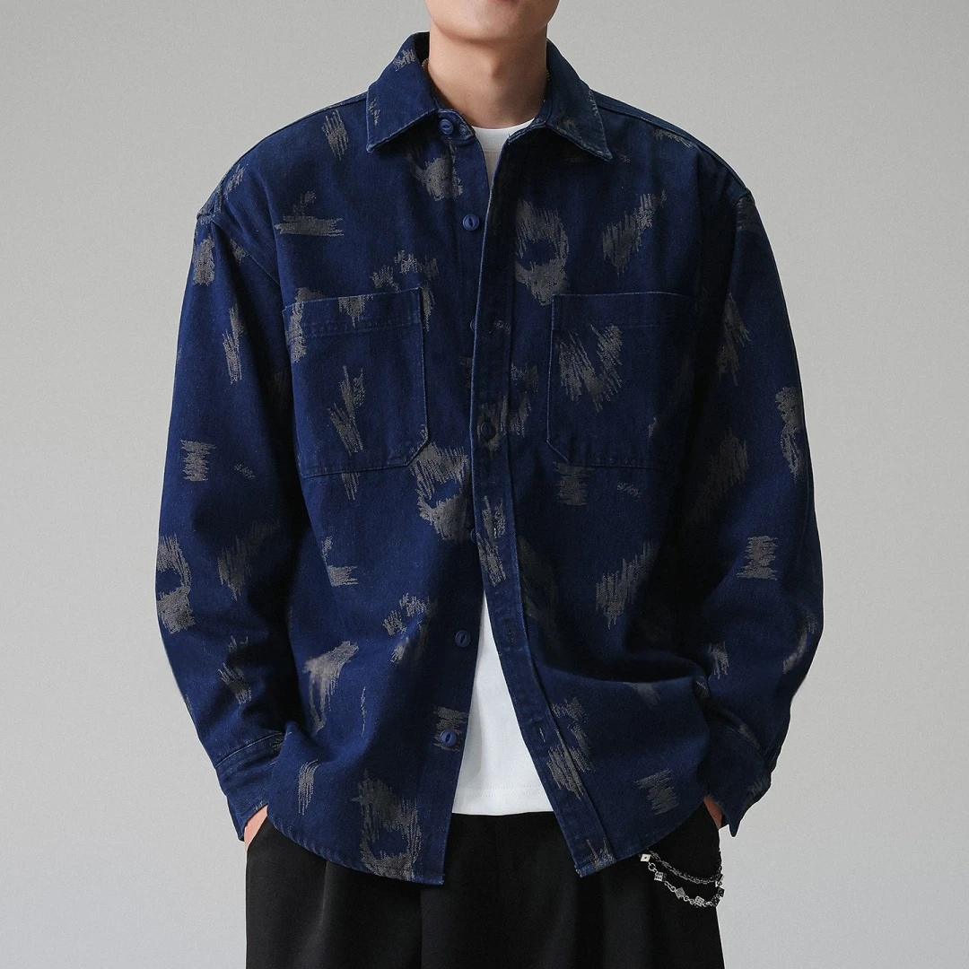 Mens Denim Shirt Jacket American Streetwear Oversized Heavyweight Vintage Print Workwear Long Sleeve Spring Autumn Coat Male