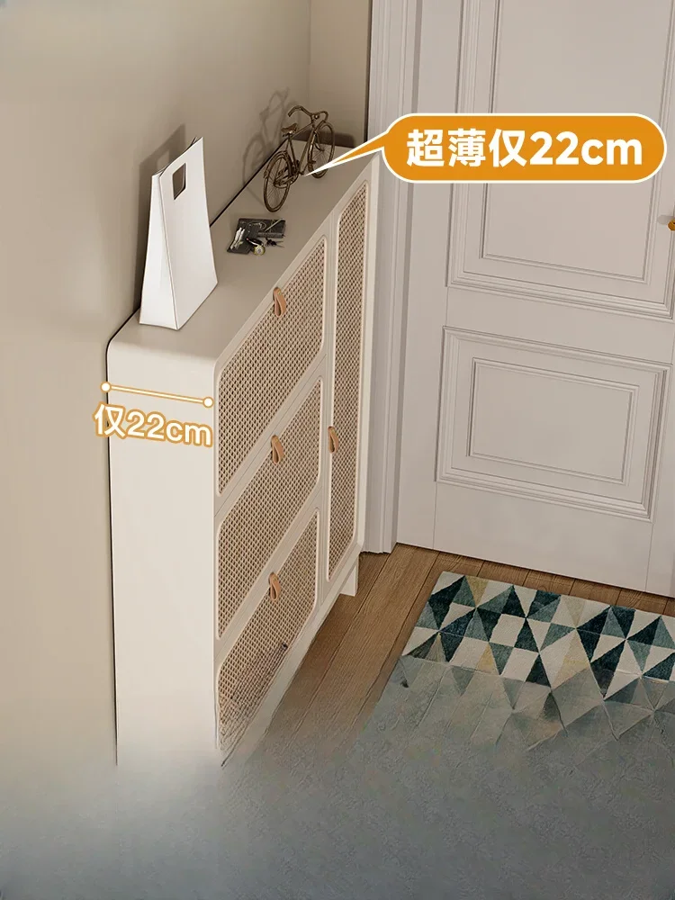 

Ultra-thin solid wood shoe cabinet Tipping bucket rattan shoe cabinet against the wall at the entrance of the house Thin cream s