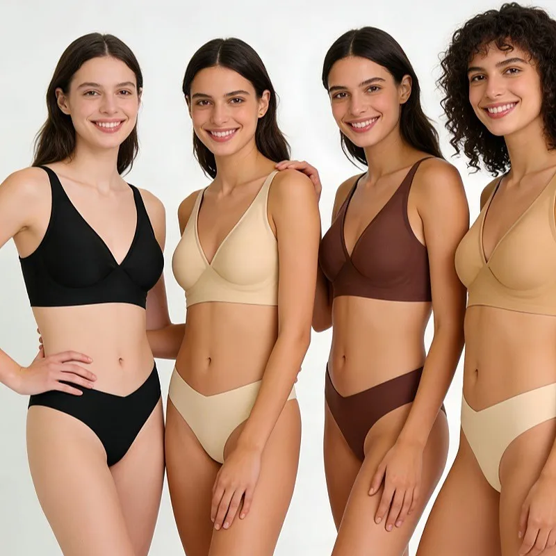 

Comfortable Thin Wire Bra And Thong Set Women's Underwear Sexy V-Neck Soft Support Wireless Seamless Polyester Fabric Home Cl...