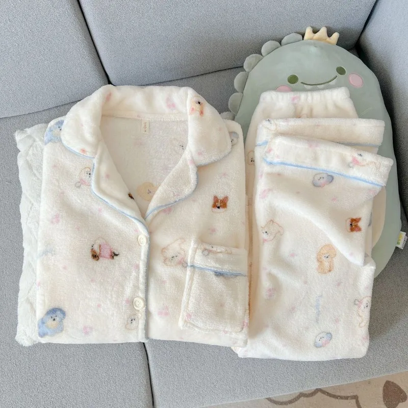 

Winter Warm and Comfortable Coral Velvet Women's Sleepwear Set Cute Cartoon Dog Plush Long Sleeve Pants Set Loose Home Clothes