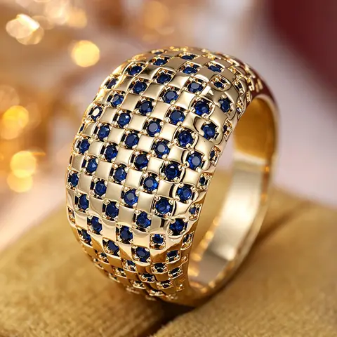 Women's Wide Fashion Ring with Grid Design and Multi Layers Embedded Blue Synthetic Zircon Shining Exquisite Ring Jewelry