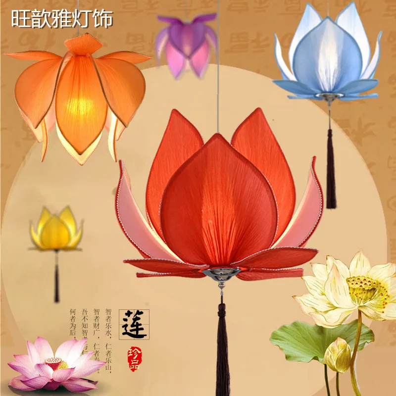 New Chinese Style Cloth Lotus Chandelier Classical Lotus Lamp Buddha Light Zen Buddhist Hall Temple Living Room Dining Room Lamp