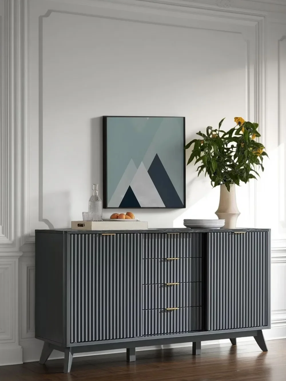 

Fluted Buffet Cabinet, 60" Modern Sideboard with Sliding Doors & 4 Drawers, Coffee Bar Table with Storage, Faux Marble Top and
