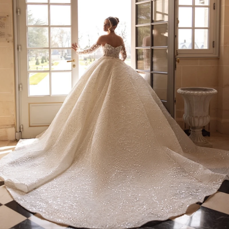 فاخر الشمبانيا دبي العربية حورية البحر فساتين الزفاف ألف خط زين الديكور كريستال ذيل محكمة فستان الزفاف زي العرائس