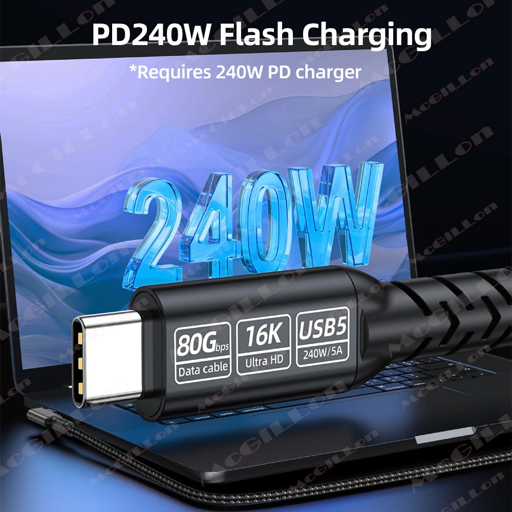 80Gbps USB5 Cable Type C to C Data Cord PD 5A 240W Fast Charging 16K60Hz Video Compatible for Thunderbolt5 4 USB 90 Degree Elbow