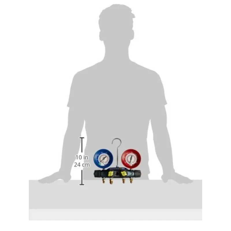 46010 Brute II 4-Valve Manifold with Red/Blue Gauges, bar/psi, R-22/404A/410A