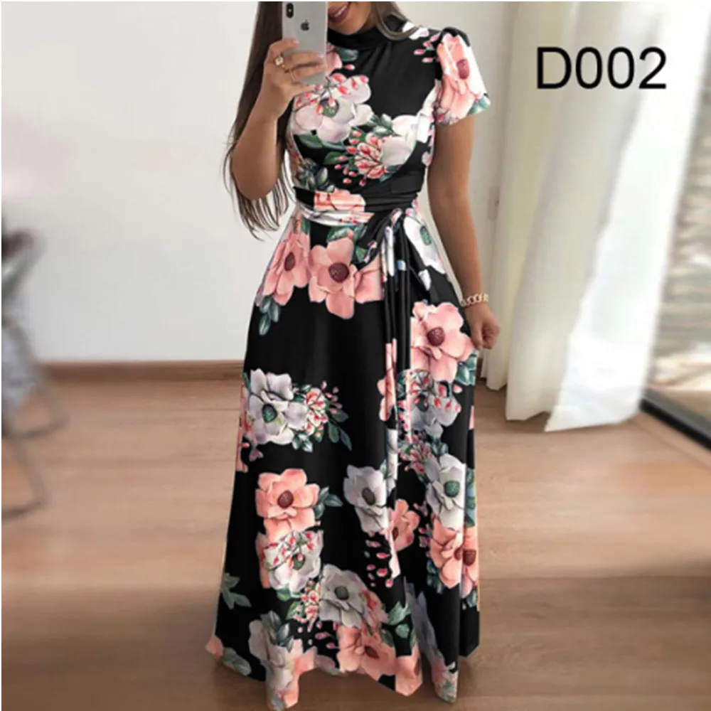 Women's Summer Long Super Long Dress 2024 Casual Short Sleeve Flower Print Dresses Casual High Collar Bandage Vestidos  S-5XL