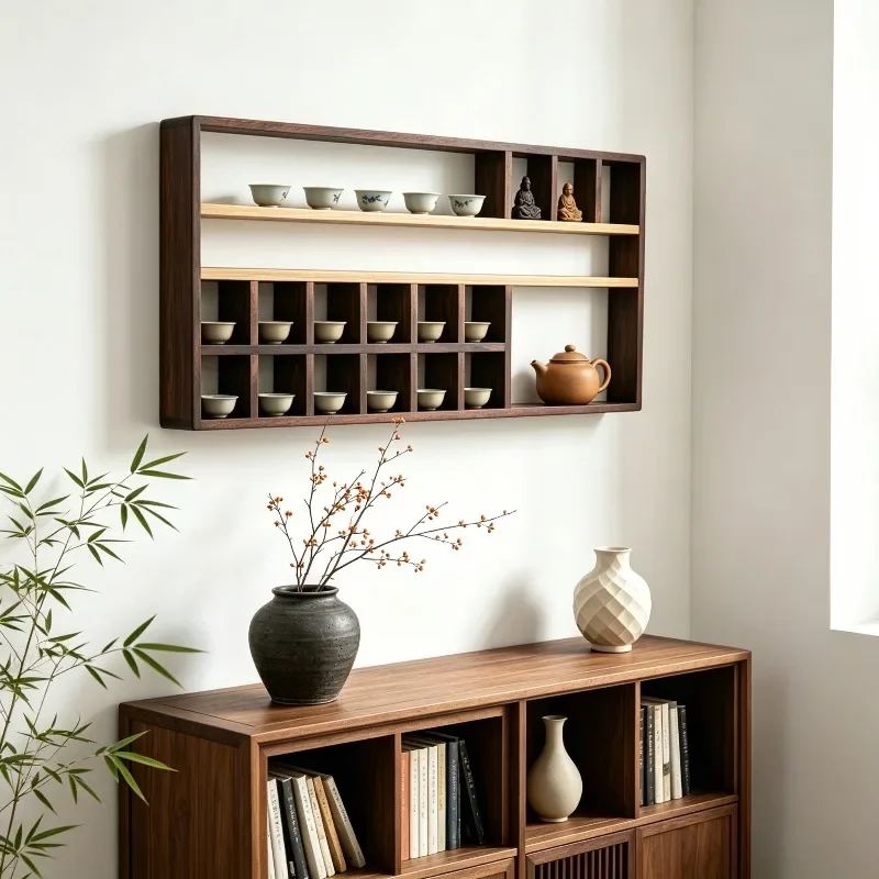 New Chinese solid wood Bogu frame solid wood teacup holder Duobao Pavilion wall hanging storage lattice rack cup holder