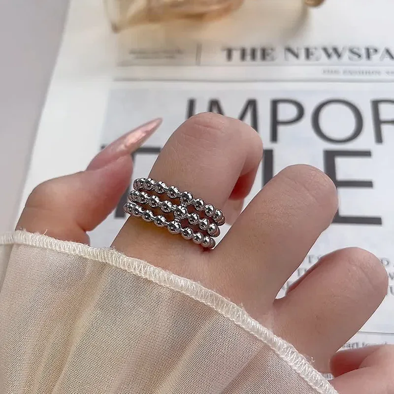 Personality Fashion 925 Sterling Silver Adjustable Three-layer Round Bead Ring for Women Creative Design Jewelry Accessory Gifts