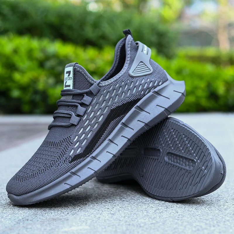 Casual Sports Shoes for Men Fly Woven Breathable Shoes Mesh Lightweight Shoes Round Head Solid Colour Non-slip Zapatillas Hombre