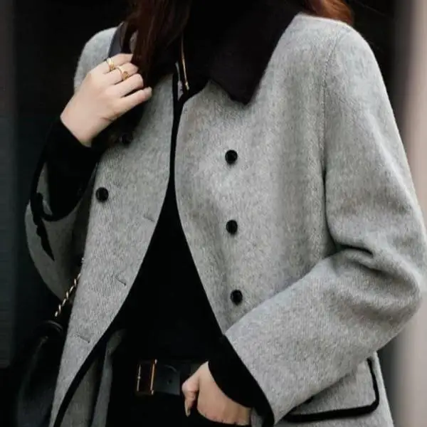 

Ladies Casual Faion Color Blo Woolen Coat Sli Long Outerwear Comfortable Fit Ci Walk Thin Nine Sve PU Leather