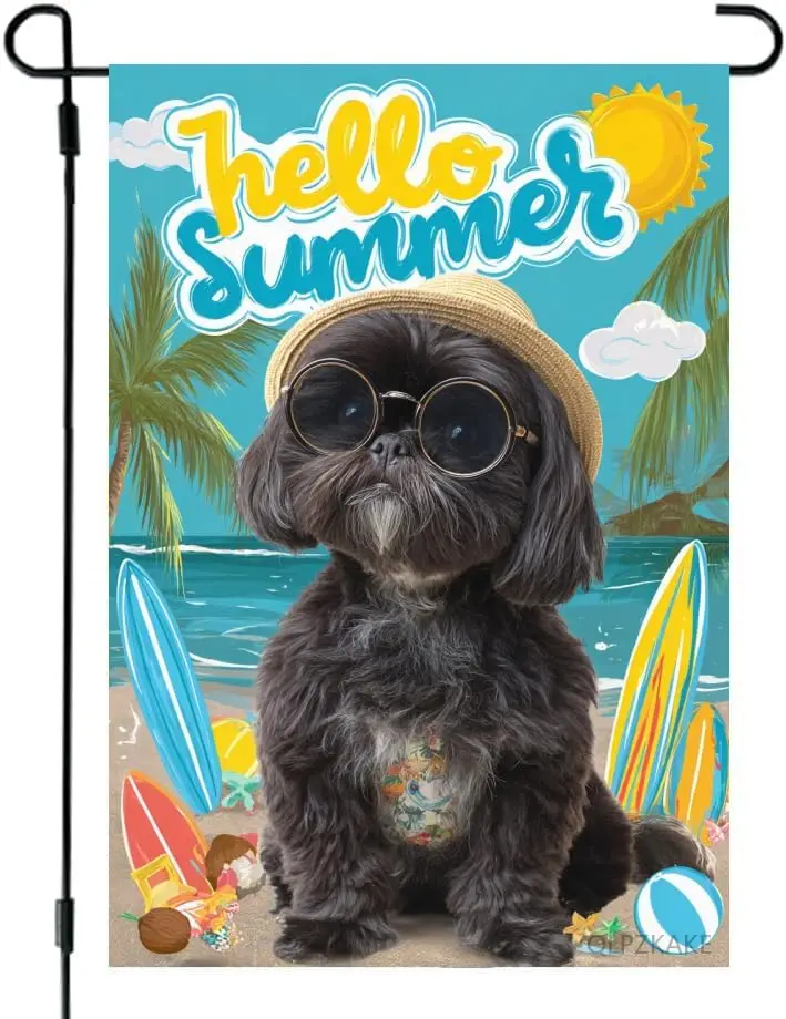 Hello Summer Black Shih Tzu Flag Double-sided design 12x18 inch Sided Vertical Outdoor Decor Beach Dog Tropical Yard Garden  yyi