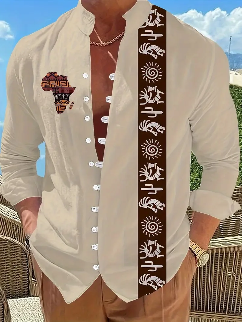 Men's Long Sleeve Shirt New Printed Button Shirt Fashion Loose Men's Shirt Casual Clothing Muslim Men's Clothing 2026