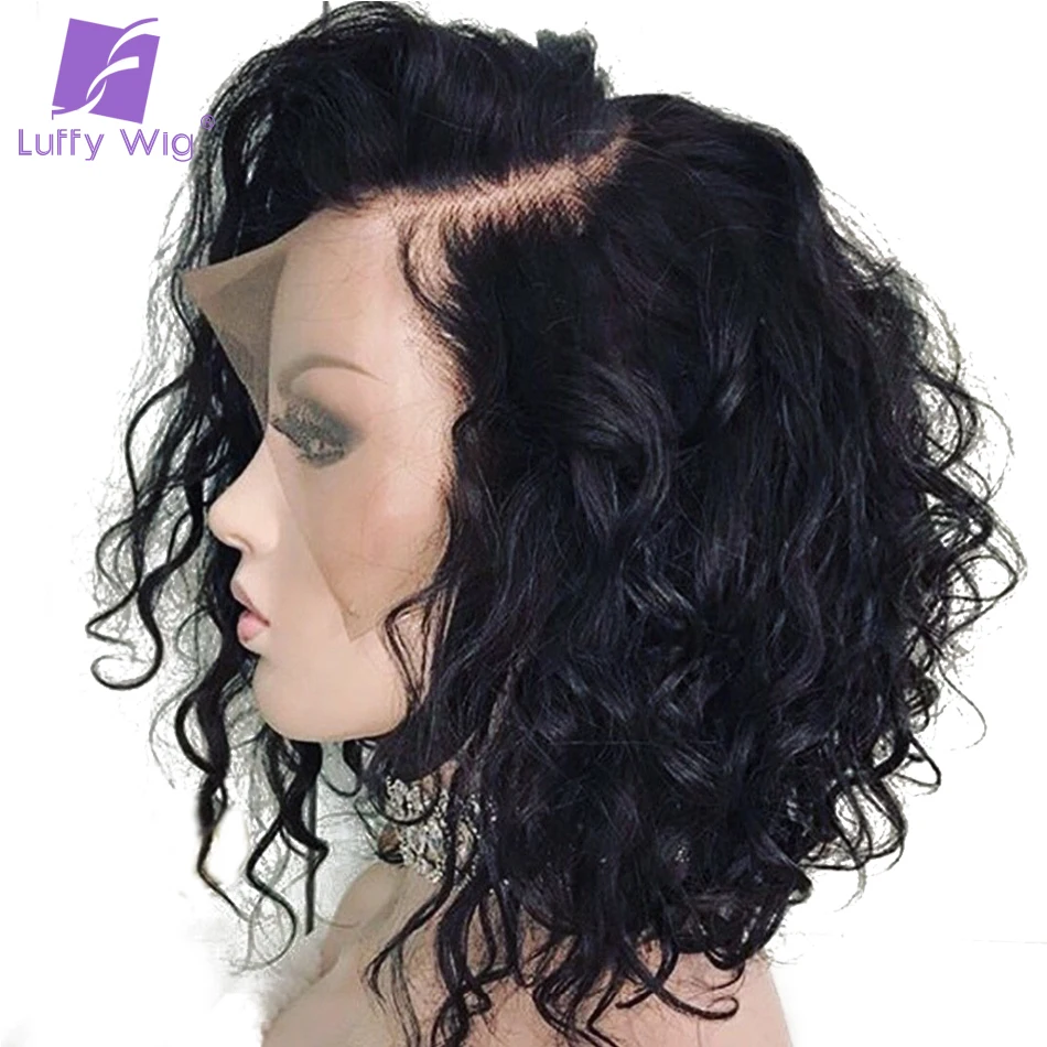 Luffy-curto onda de água Bob peruca para mulheres negras, 13x6 lace front, perucas de cabelo humano, pré-arrancadas, brasileiro, remy, transparente, HD