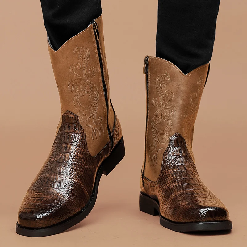 British Style Men's Comfortable Patchwork Side Zipper High Top Leather Boots Autumn New Fashion Men's Embroidered Chelsea Boots