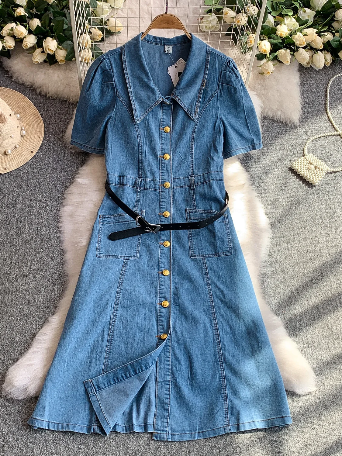 Retro Hong Kong Sle Blue Denim Dr Damen Sommer Metall Bule Schlankheitsgürtel Hohe Taille A-Linie Midi Dr Koreanische Sle