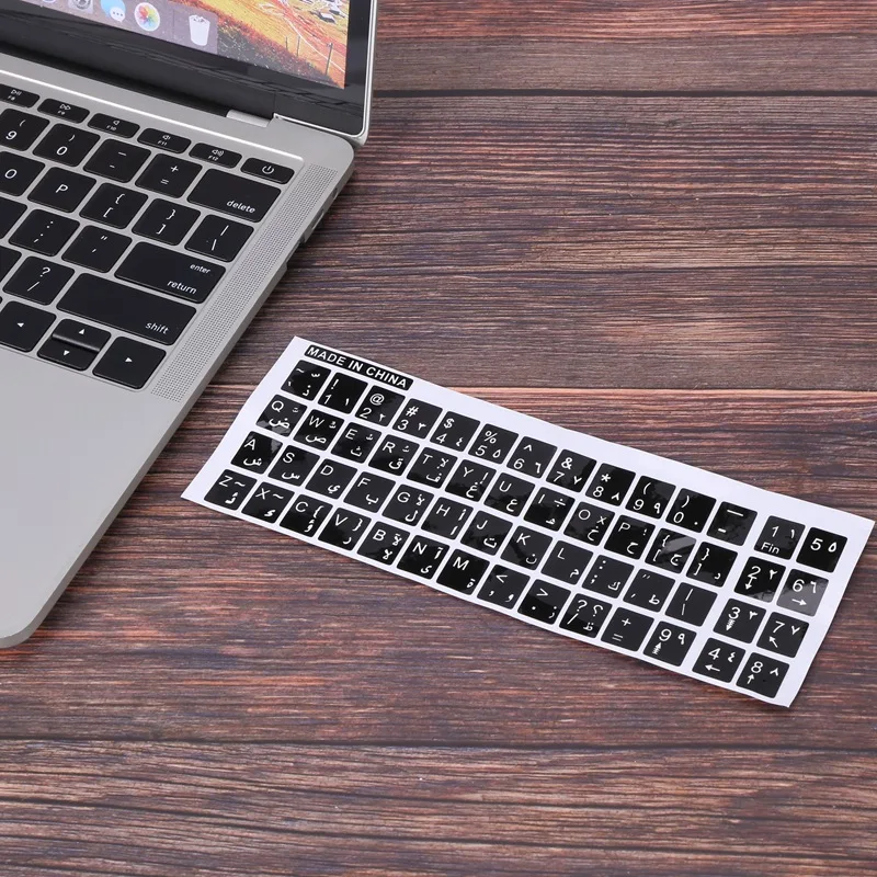 Autocollant de clavier en lettres blanches, anglais et arabe, décalcomanie noire pour ordinateur portable et PC