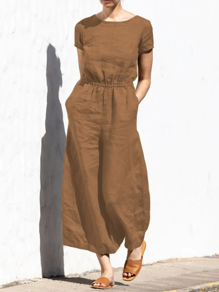 Fashion Buttoned Women Wide Leg Pant Jumpsuit Summer Solid Round Neck Short Sleeve Pocket Playsuit Ladies Loose One-Piece Pants