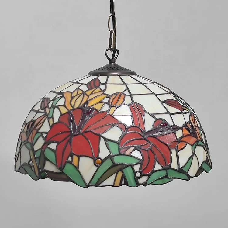 Pendant Light Fixture Red Flower Stained Glass Lampshade Light Hanging Lamp Wide 12 Inch Height 31.5Inch