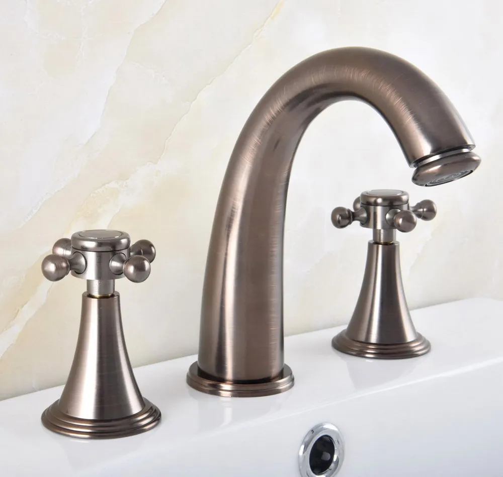 

Brown Oil Rubbed Bronze Deck Mounted Dual Handles Widespread Bathroom 3 Holes Basin Faucet Mixer Water Taps mnf586