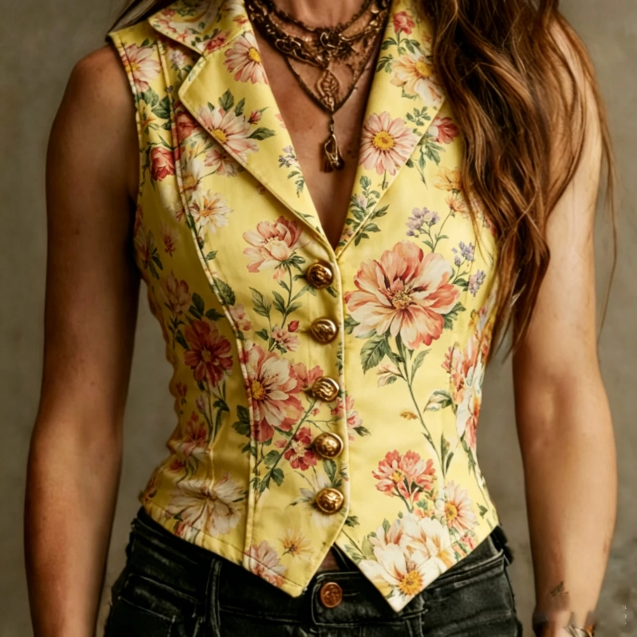 Vintage Floral Print Sleeveless Vest Jacket Women Lapel Collar Single Breasted Slim Corset Waistcoat Summer Streetwear Top