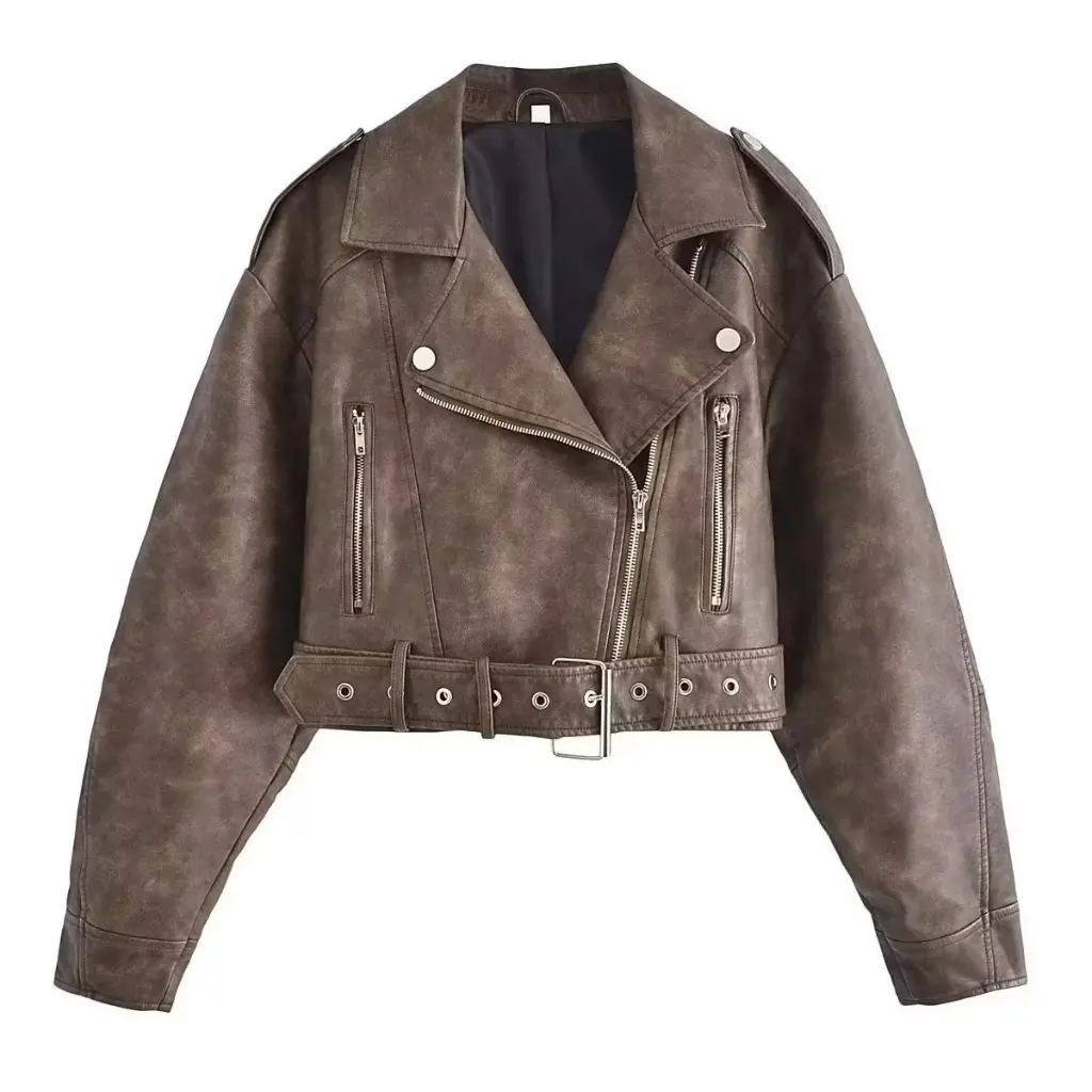 Vintage Washed Distressed PU Leather Jacket for Women Short European American Style Autumn Fashion Hot Girl Clothing