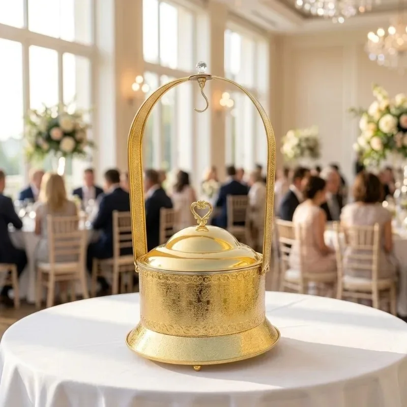 Luxury 8L Gold Hanging Lid Stainless Steel Chafing Dish Buffet Food Warmer Alcohol-Fueled Temperature Control For Restaurant
