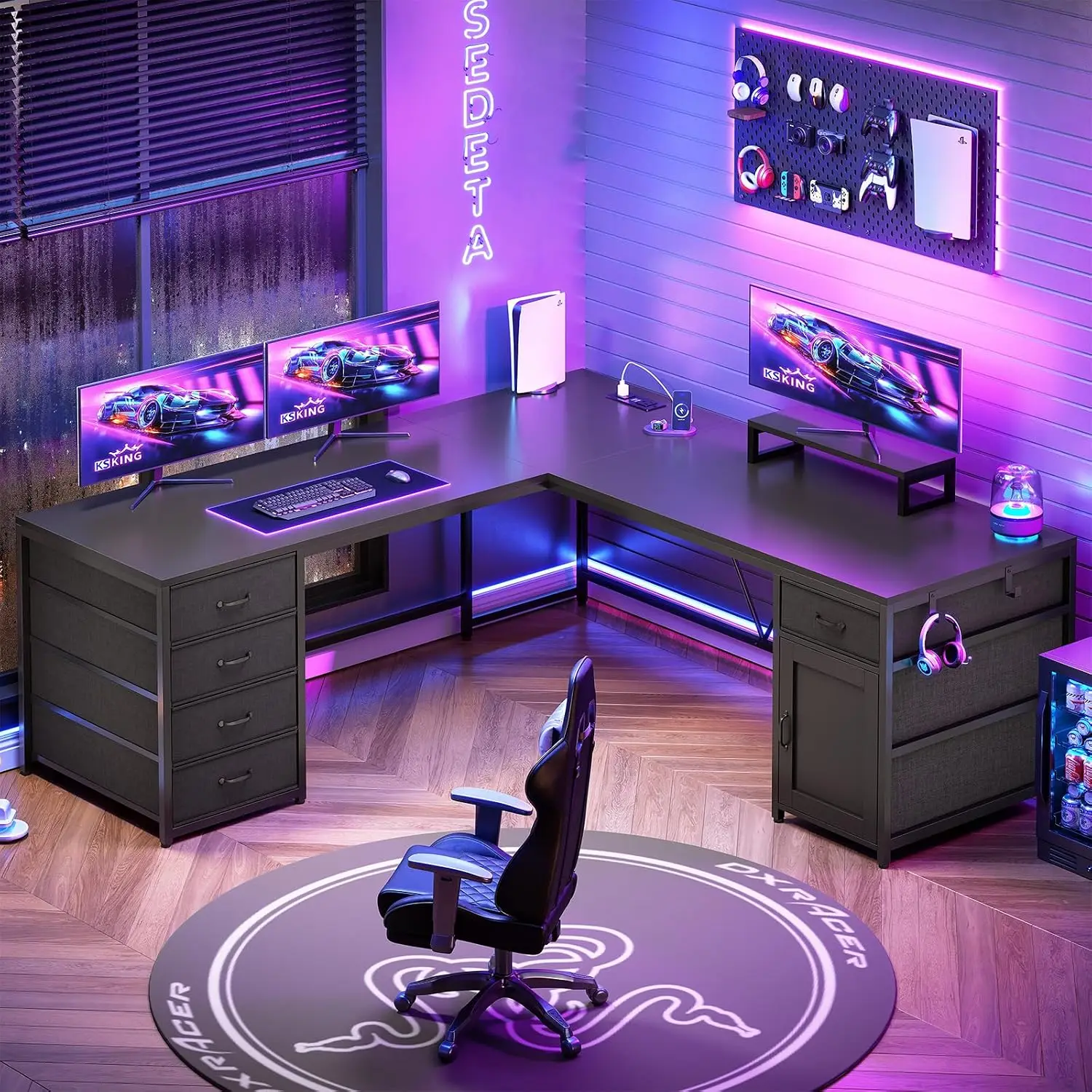 L Shaped Desk with 5 Drawers & Monitor Shelf, Corner Computer Workstation 63