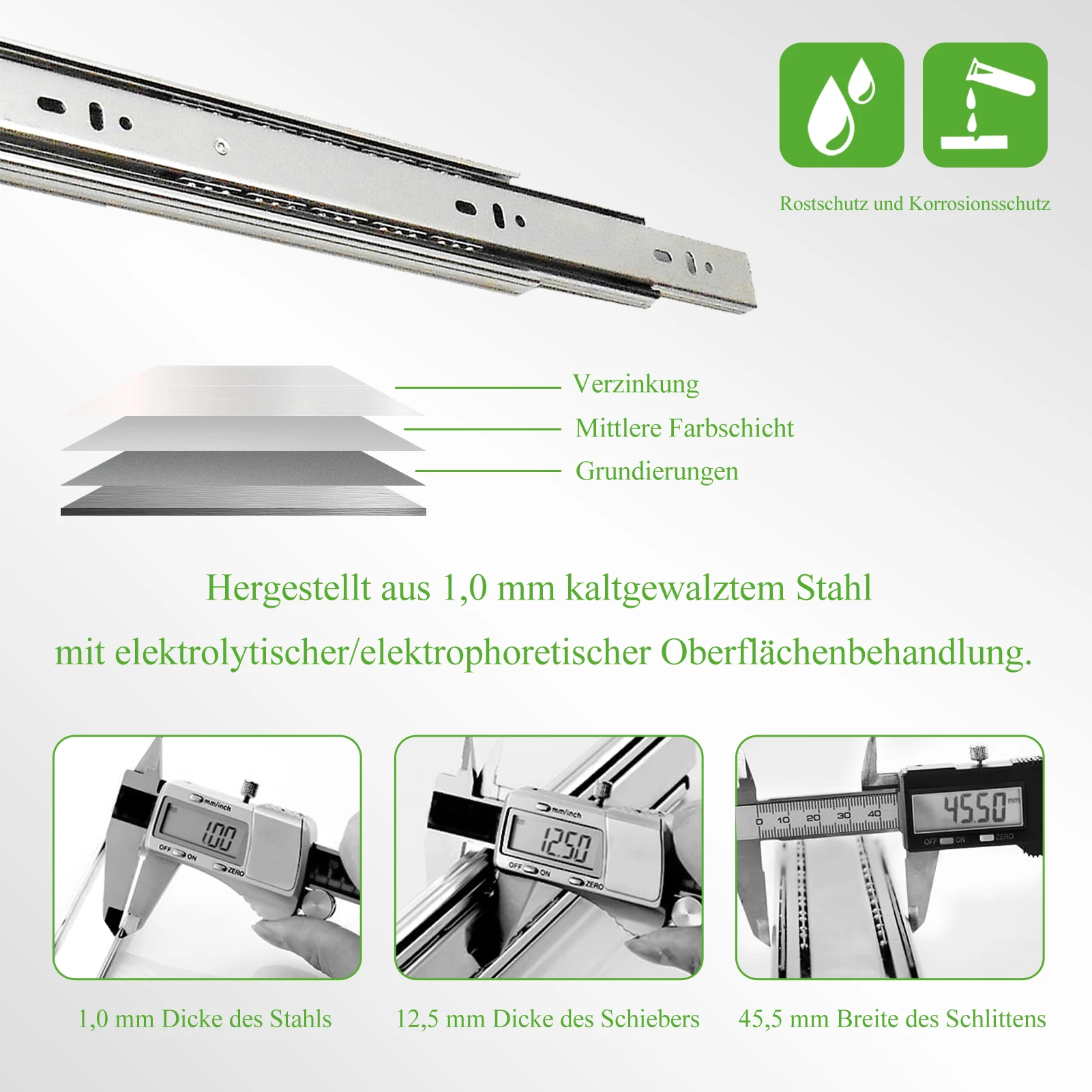 12"-20" 45mm kaltgewalzte Stahlschublade Gleitschiene Hochleistungskugel dreiteilige Lagerschiene Tragfähigkeit 100Lbs