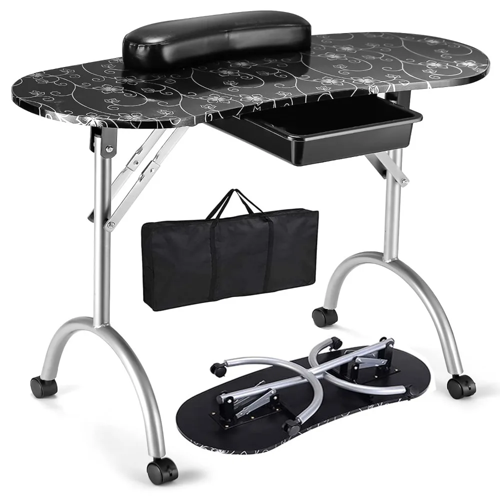 

Portable Manicure Table, Foldable Nail Tech Table with Large Drawer, Wrist Rest, 4 Lockable Casters, Carrying Bag