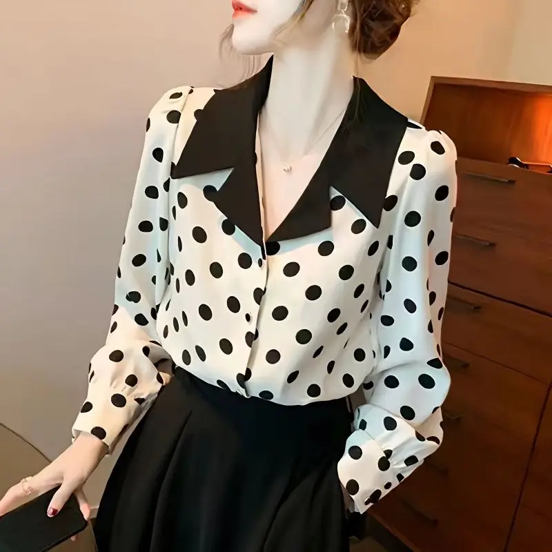 Spring Autumn Tailored Collar Long Sleeve Fashion Shirt Women High Street Casual Polka Dot Printing Button Cardigan Elegant Tops