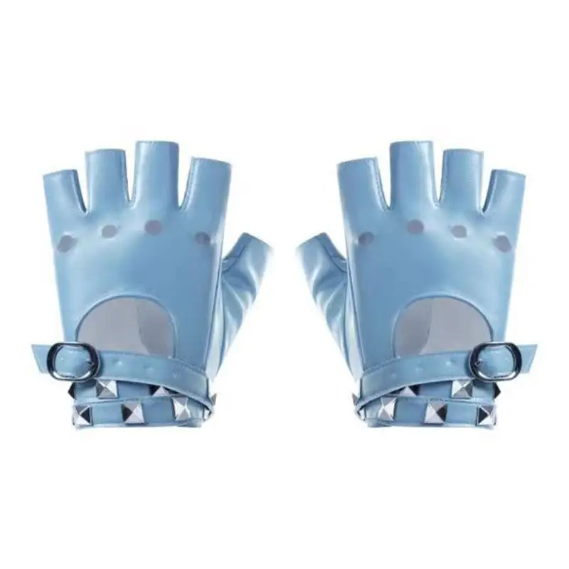 39BD Women's Half Finger Gloves Punk Design Black PU Leather for Parties and Festivals