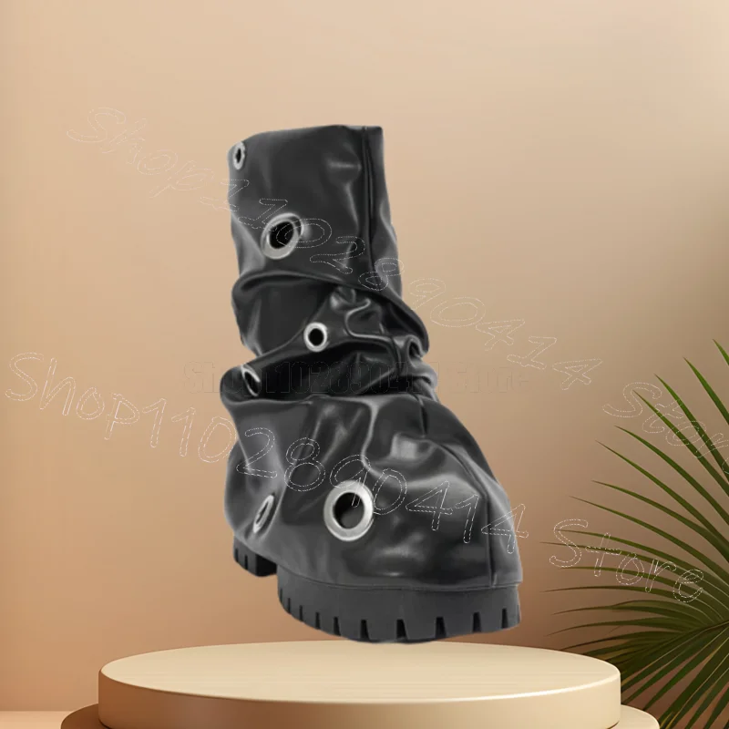 Círculo de metal preto plissado design plataforma botas deslizamento em sapatos femininos grossos saltos altos nova festa namoro 2025 zapatos para mujere